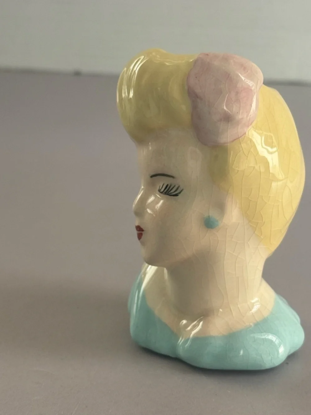 Vintage Ceramic Lady Head Vase in Pastel Blue and Blonde